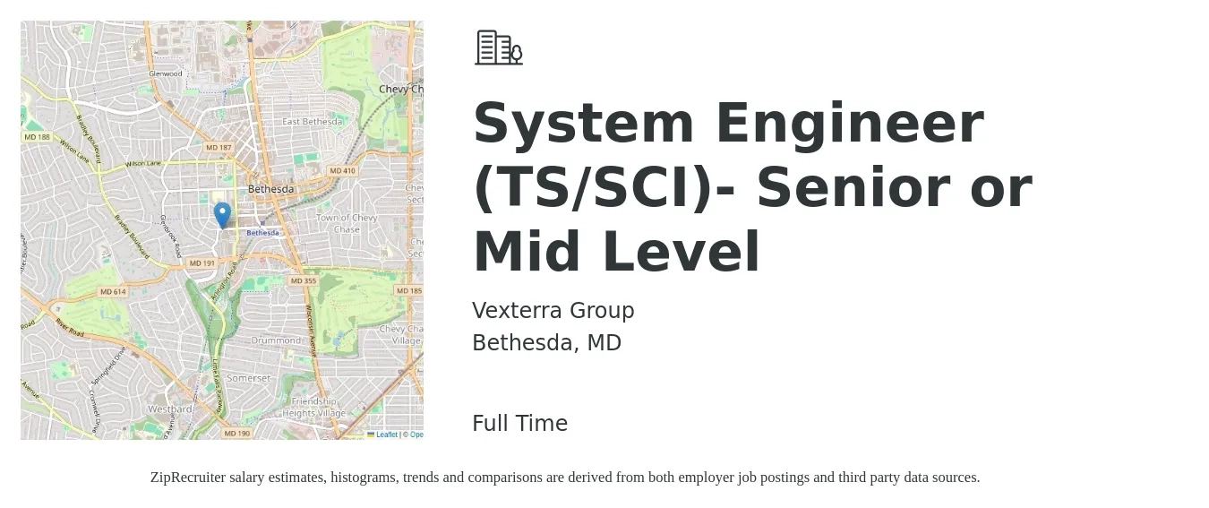 Vexterra Group job posting for a System Engineer (TS/SCI)- Senior or Mid Level in Bethesda, MD with a salary of $111,800 to $153,000 Yearly with a map of Bethesda location.