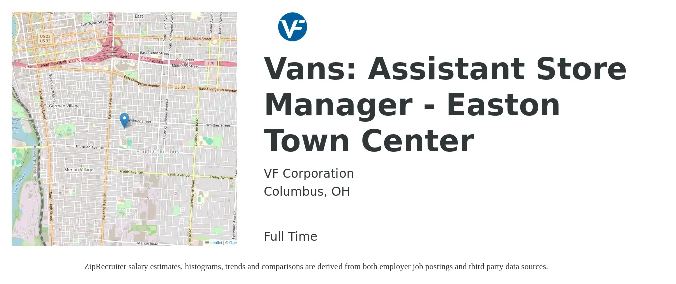 VF Corporation job posting for a Vans: Assistant Store Manager - Easton Town Center in Columbus, OH with a salary of $16 to $22 Hourly with a map of Columbus location.