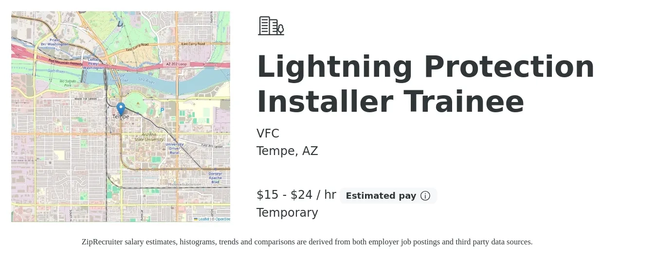 VFC job posting for a Lightning Protection Installer Trainee in Tempe, AZ with a salary of $16 to $25 Hourly with a map of Tempe location.