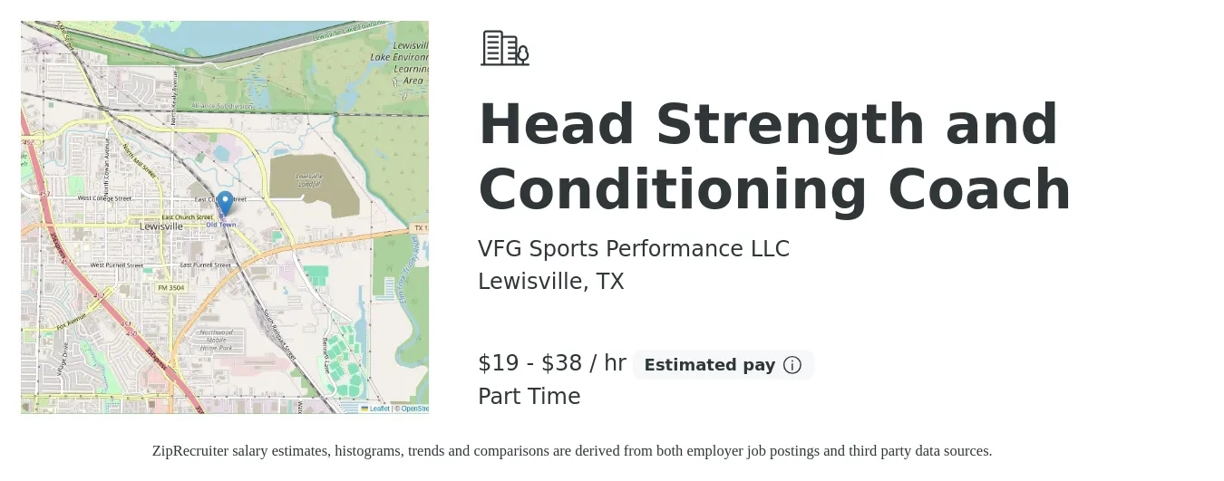 VFG Sports Performance LLC job posting for a Head Strength and Conditioning Coach in Lewisville, TX with a salary of $20 to $40 Hourly with a map of Lewisville location.