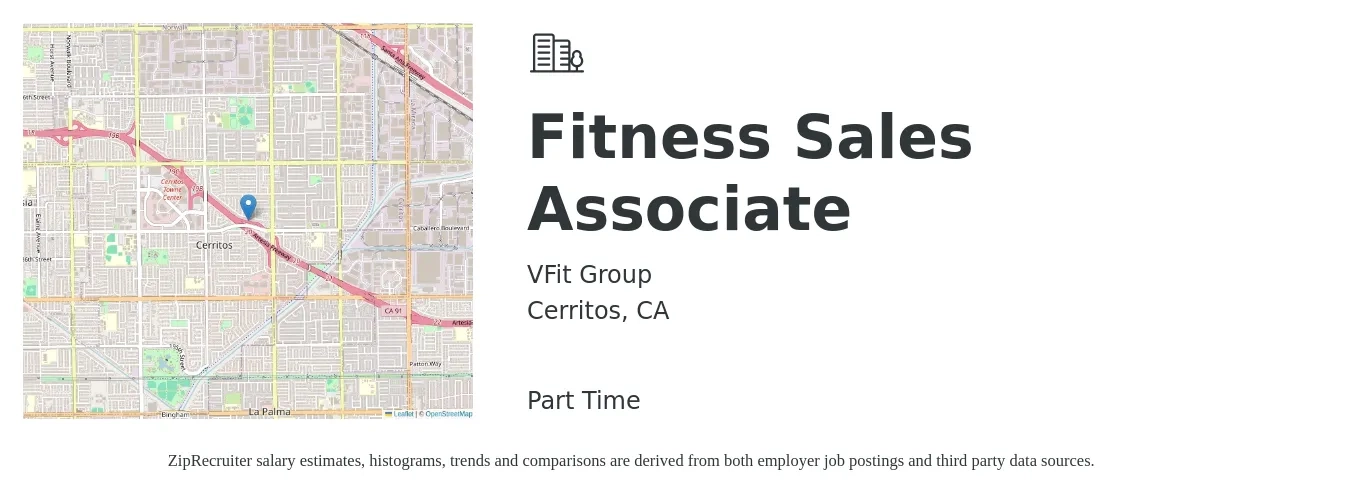 VFit Group job posting for a Fitness Sales Associate in Cerritos, CA with a salary of $14 to $19 Hourly with a map of Cerritos location.