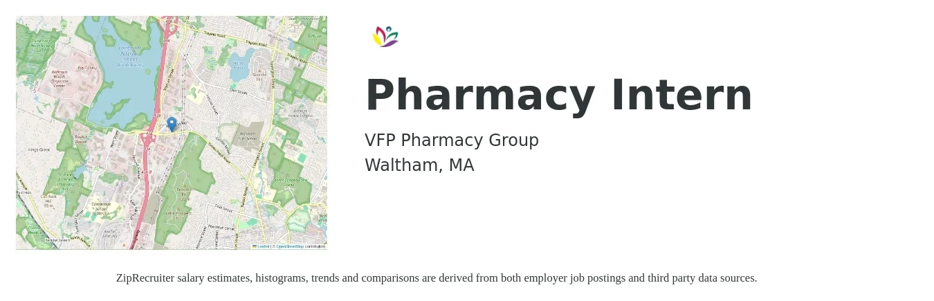 VFP Pharmacy Group job posting for a Pharmacy Intern in Waltham, MA with a salary of $18 to $22 Hourly with a map of Waltham location.
