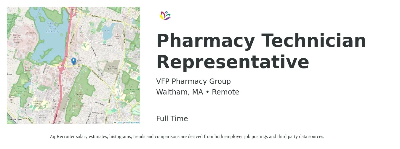 VFP Pharmacy Group job posting for a Pharmacy Technician Representative in Waltham, MA with a salary of $20 to $24 Hourly with a map of Waltham location.