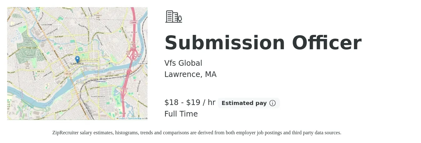 Vfs Global job posting for a Submission Officer in Lawrence, MA with a salary of $19 to $20 Hourly with a map of Lawrence location.