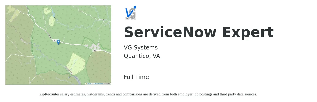 VG Systems job posting for a ServiceNow Expert in Quantico, VA with a salary of $28 to $48 Hourly with a map of Quantico location.