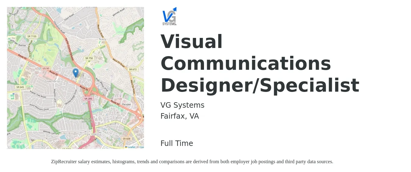VG Systems job posting for a Visual Communications Designer/Specialist in Fairfax, VA with a salary of $58,300 to $87,500 Yearly with a map of Fairfax location.