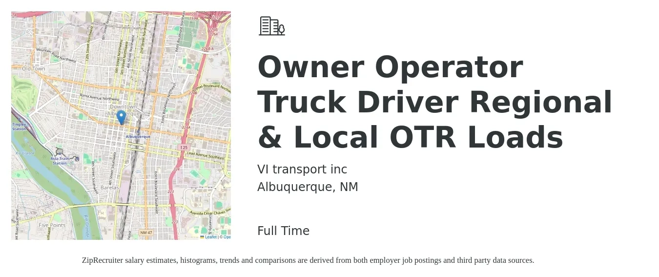 VI transport inc job posting for a Owner Operator Truck Driver Regional & Local OTR Loads in Albuquerque, NM with a salary of $3,200 to $4,500 Weekly with a map of Albuquerque location.