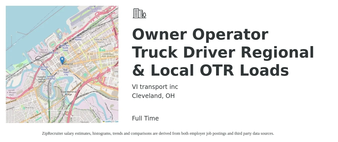 VI transport inc job posting for a Owner Operator Truck Driver Regional & Local OTR Loads in Cleveland, OH with a salary of $3,200 to $4,500 Weekly with a map of Cleveland location.