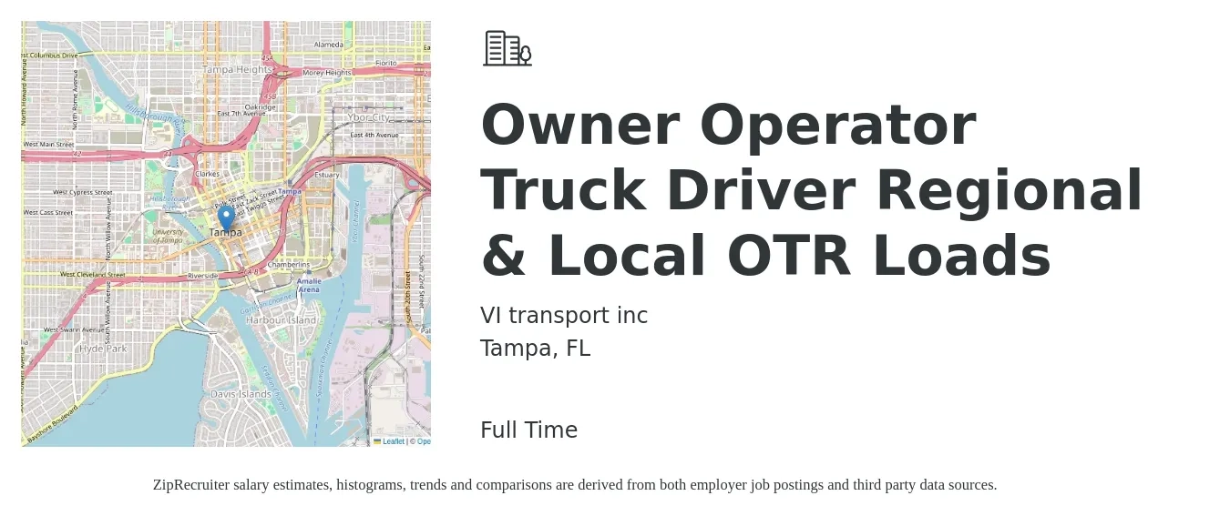 VI transport inc job posting for a Owner Operator Truck Driver Regional & Local OTR Loads in Tampa, FL with a salary of $3,200 to $4,500 Weekly with a map of Tampa location.