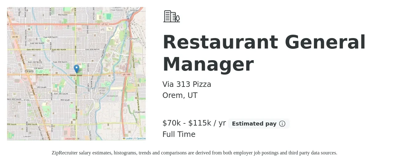 Via 313 Pizza job posting for a Restaurant General Manager in Orem, UT with a salary of $70,000 to $115,000 Yearly with a map of Orem location.