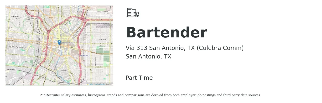 Via 313 San Antonio, TX (Culebra Comm) job posting for a Bartender in San Antonio, TX with a salary of $5 to $35 Hourly with a map of San Antonio location.