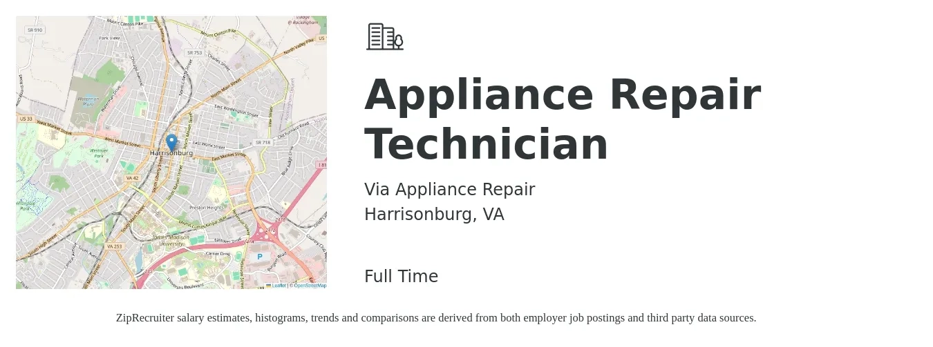 Via Appliance Repair job posting for a Appliance Repair Technician in Harrisonburg, VA with a salary of $19 to $27 Hourly with a map of Harrisonburg location.