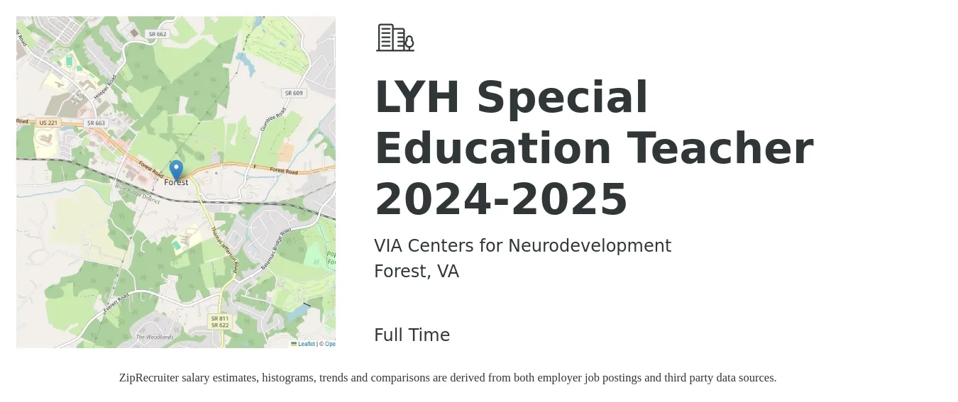 VIA Centers for Neurodevelopment job posting for a LYH Special Education Teacher 2024-2025 in Forest, VA with a salary of $41,900 to $55,400 Yearly with a map of Forest location.
