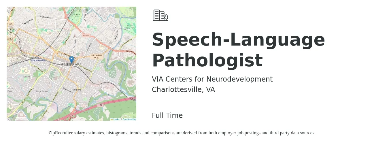 VIA Centers for Neurodevelopment job posting for a Speech-Language Pathologist in Charlottesville, VA with a salary of $35 to $50 Hourly with a map of Charlottesville location.