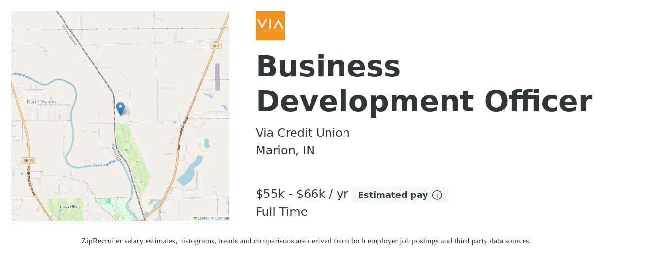 Via Credit Union job posting for a Business Development Officer in Marion, IN with a salary of $55,328 to $66,000 Yearly with a map of Marion location.