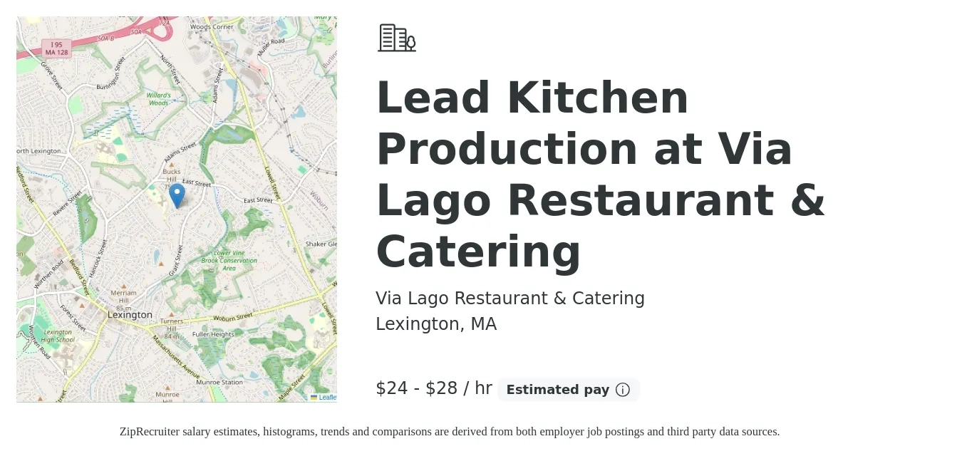 Via Lago Restaurant & Catering job posting for a Lead Kitchen Production at Via Lago Restaurant & Catering in Lexington, MA with a salary of $25 to $30 Hourly with a map of Lexington location.