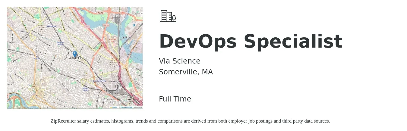 Via Science job posting for a DevOps Specialist in Somerville, MA with a salary of $51,800 to $75,800 Yearly with a map of Somerville location.
