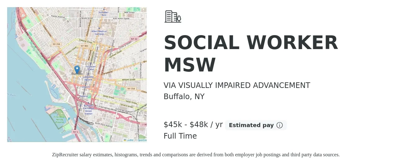 VIA VISUALLY IMPAIRED ADVANCEMENT job posting for a SOCIAL WORKER MSW in Buffalo, NY with a salary of $45,000 to $48,000 Yearly with a map of Buffalo location.