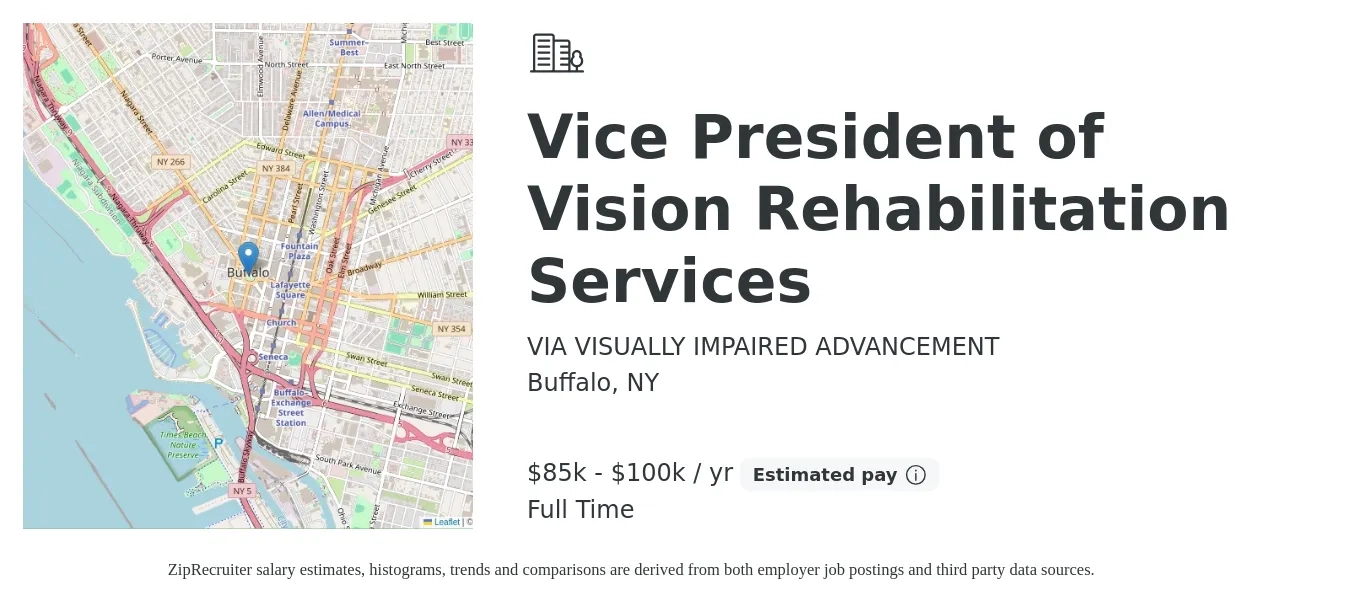 VIA VISUALLY IMPAIRED ADVANCEMENT job posting for a Vice President of Vision Rehabilitation Services in Buffalo, NY with a salary of $85,000 to $100,000 Yearly with a map of Buffalo location.