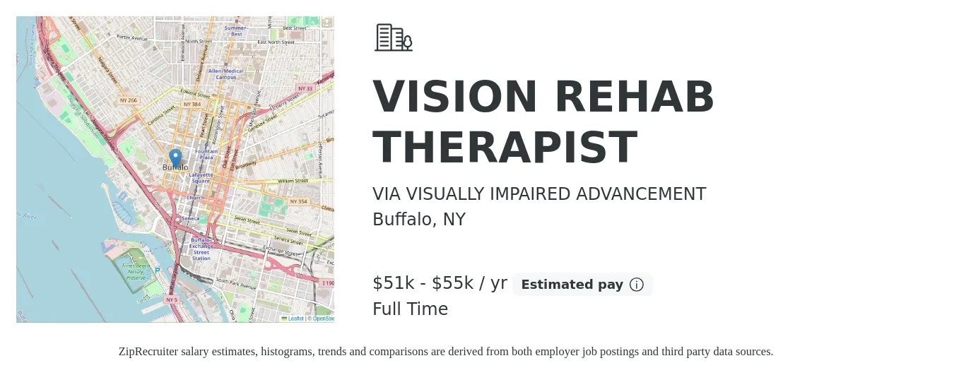 VIA VISUALLY IMPAIRED ADVANCEMENT job posting for a VISION REHAB THERAPIST in Buffalo, NY with a salary of $51,350 to $55,100 Yearly with a map of Buffalo location.