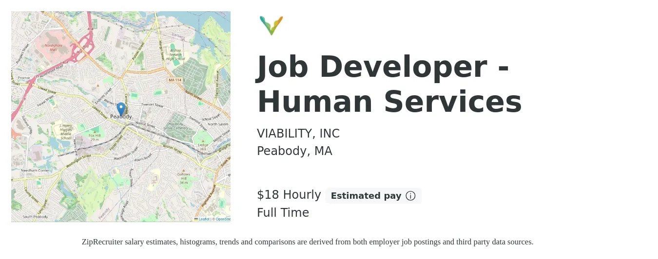 VIABILITY, INC job posting for a Job Developer - Human Services in Peabody, MA with a salary of $20 Hourly with a map of Peabody location.
