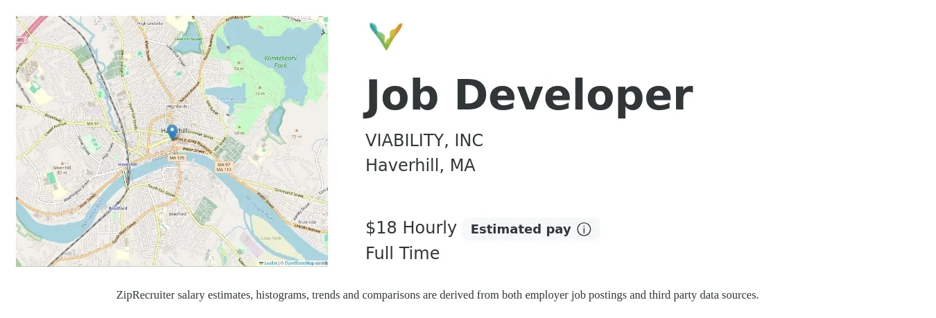 VIABILITY, INC job posting for a Job Developer in Haverhill, MA with a salary of $20 Hourly with a map of Haverhill location.