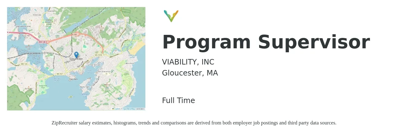 VIABILITY, INC job posting for a Program Supervisor in Gloucester, MA with a salary of $20 to $33 Hourly with a map of Gloucester location.