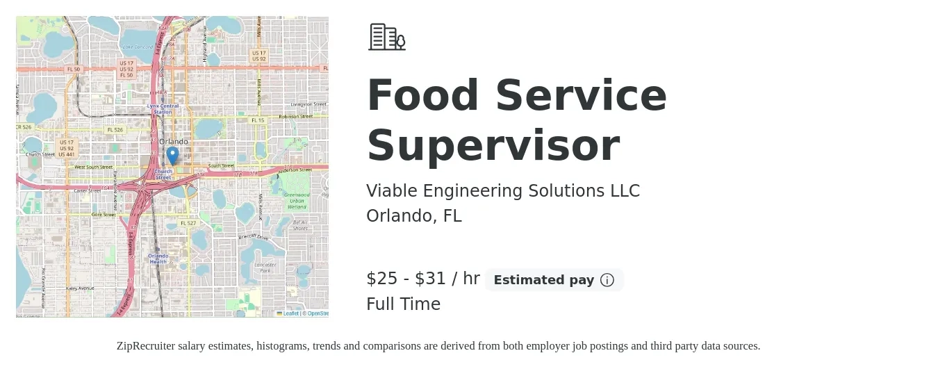Viable Engineering Solutions LLC job posting for a Food Service Supervisor in Orlando, FL with a salary of $27 to $33 Hourly with a map of Orlando location.