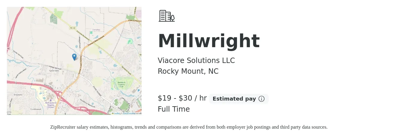 Viacore Solutions LLC job posting for a Millwright in Rocky Mount, NC with a salary of $20 to $32 Hourly with a map of Rocky Mount location.
