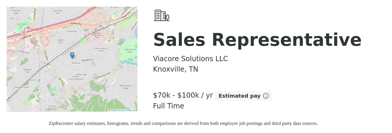 Viacore Solutions LLC job posting for a Sales Representative in Knoxville, TN with a salary of $70,000 to $100,000 Yearly with a map of Knoxville location.