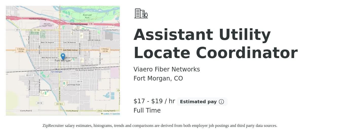 Viaero Fiber Networks job posting for a Assistant Utility Locate Coordinator in Fort Morgan, CO with a salary of $18 to $20 Hourly with a map of Fort Morgan location.