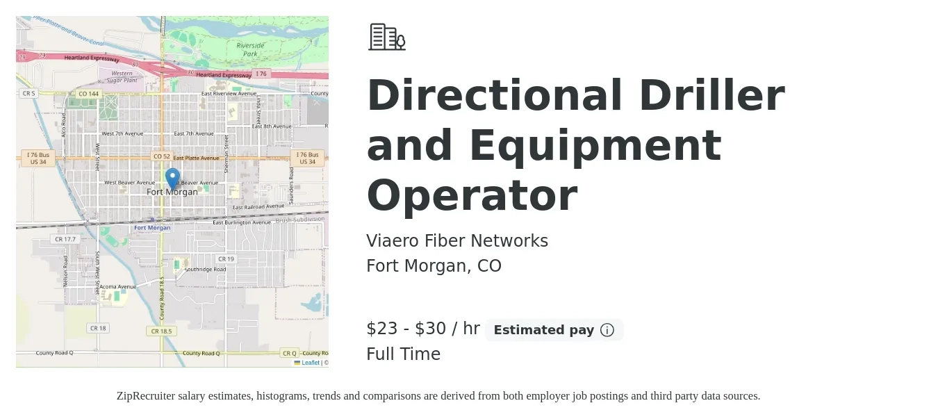 Viaero Fiber Networks job posting for a Directional Driller and Equipment Operator in Fort Morgan, CO with a salary of $24 to $32 Hourly with a map of Fort Morgan location.