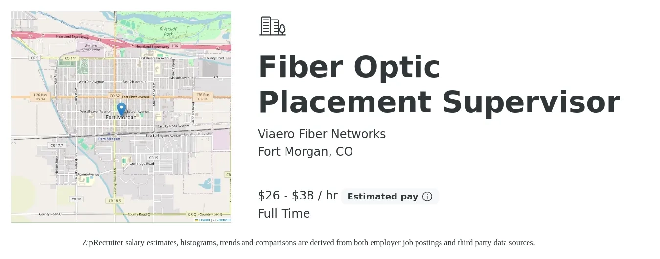 Viaero Fiber Networks job posting for a Fiber Optic Placement Supervisor in Fort Morgan, CO with a salary of $28 to $40 Hourly with a map of Fort Morgan location.