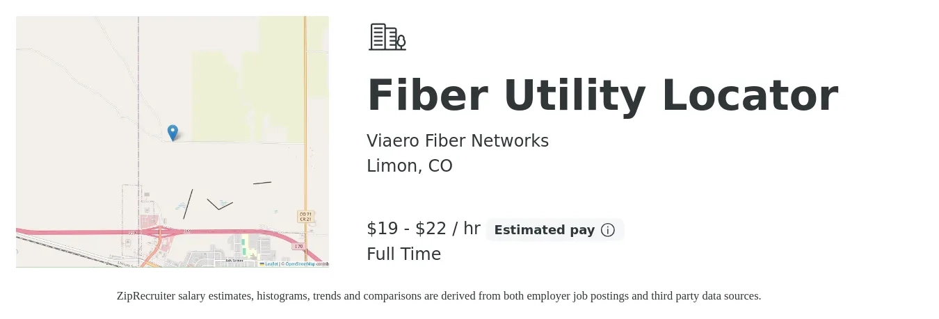 Viaero Fiber Networks job posting for a Fiber Utility Locator in Limon, CO with a salary of $20 to $23 Hourly with a map of Limon location.