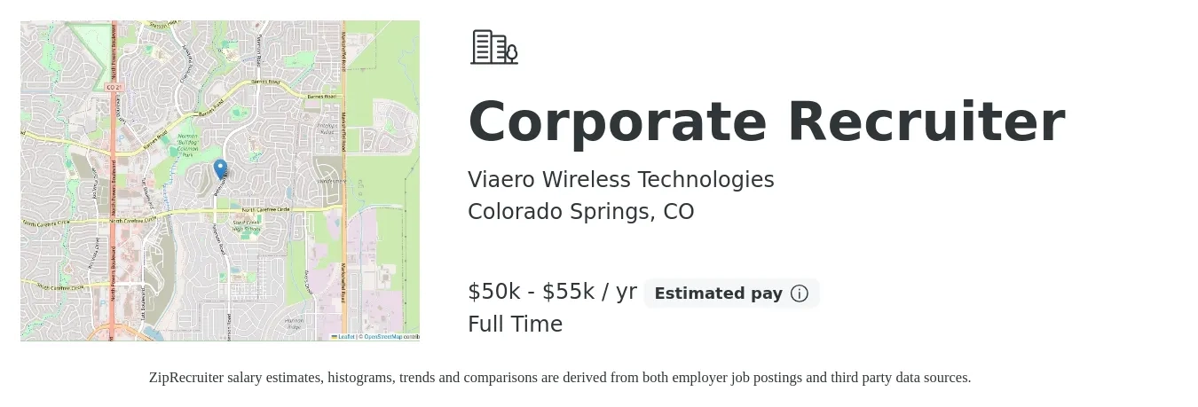 Viaero Wireless Technologies job posting for a Corporate Recruiter in Colorado Springs, CO with a salary of $50,000 to $55,000 Yearly with a map of Colorado Springs location.