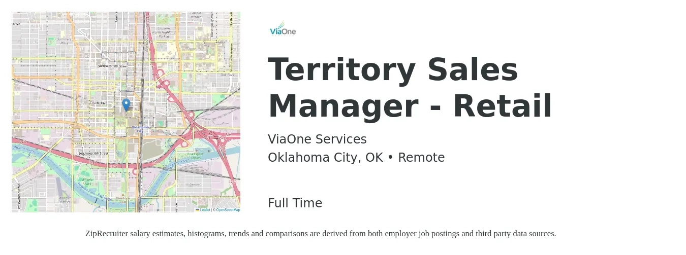 ViaOne Services job posting for a Territory Sales Manager - Retail in Oklahoma City, OK with a salary of $59,900 to $92,000 Yearly with a map of Oklahoma City location.