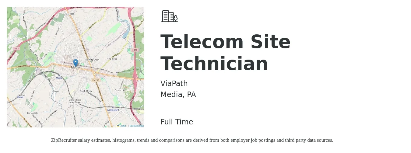 ViaPath job posting for a Telecom Site Technician in Media, PA with a salary of $20 to $28 Hourly with a map of Media location.
