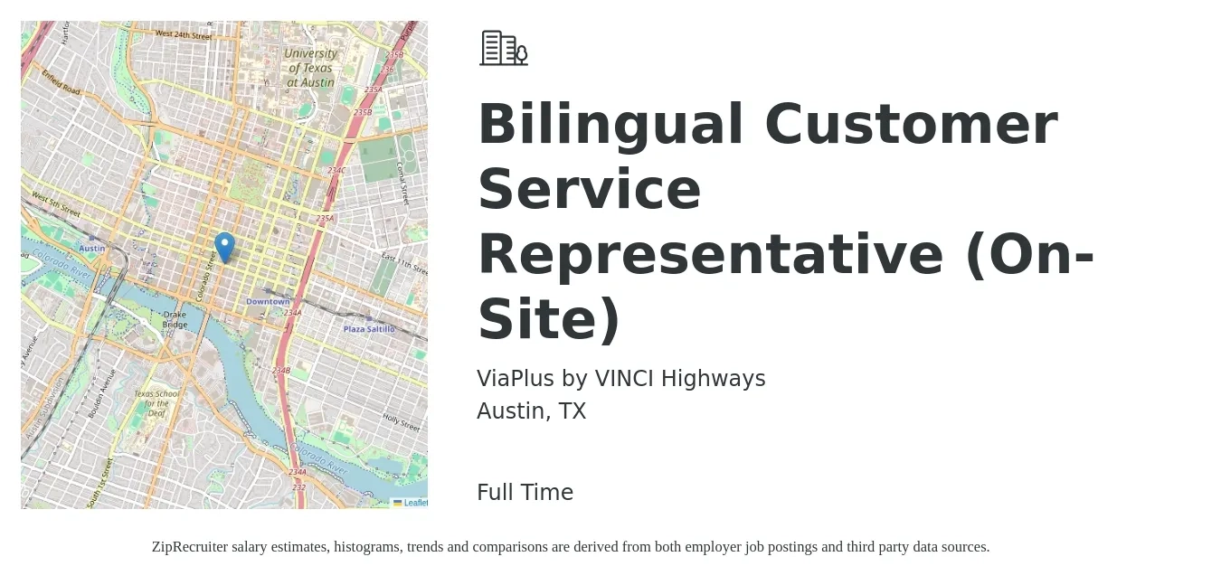 ViaPlus by VINCI Highways job posting for a Bilingual Customer Service Representative (On-Site) in Austin, TX with a salary of $16 to $20 Hourly with a map of Austin location.