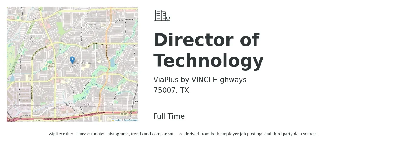 ViaPlus by VINCI Highways job posting for a Director of Technology in 75007, TX with a salary of $77,000 to $127,000 Yearly with a map of 75007 location.