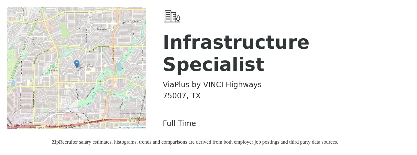 ViaPlus by VINCI Highways job posting for a Infrastructure Specialist in 75007, TX with a salary of $58,500 to $88,700 Yearly with a map of 75007 location.