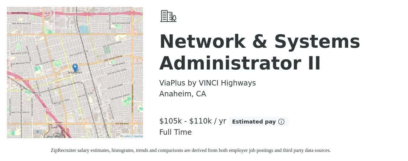 ViaPlus by VINCI Highways job posting for a Network & Systems Administrator II in Anaheim, CA with a salary of $105,000 to $110,000 Yearly with a map of Anaheim location.