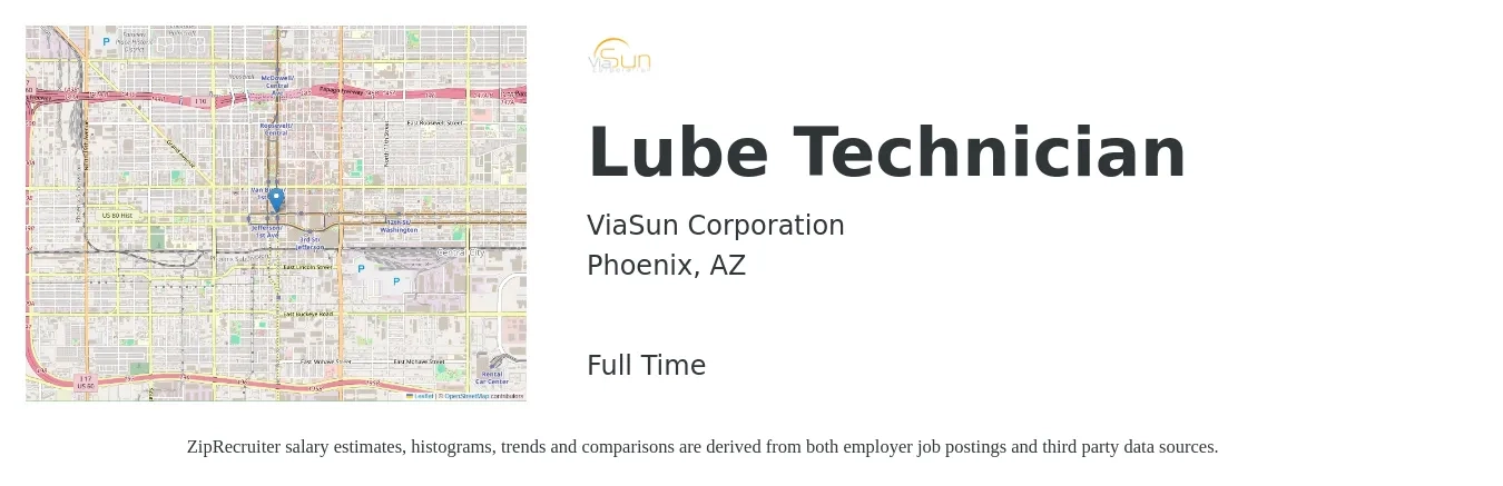 ViaSun Corporation job posting for a Lube Technician in Phoenix, AZ with a salary of $20 Hourly with a map of Phoenix location.