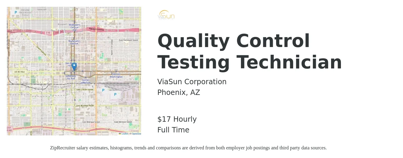 ViaSun Corporation job posting for a Quality Control Testing Technician in Phoenix, AZ with a salary of $18 Hourly with a map of Phoenix location.
