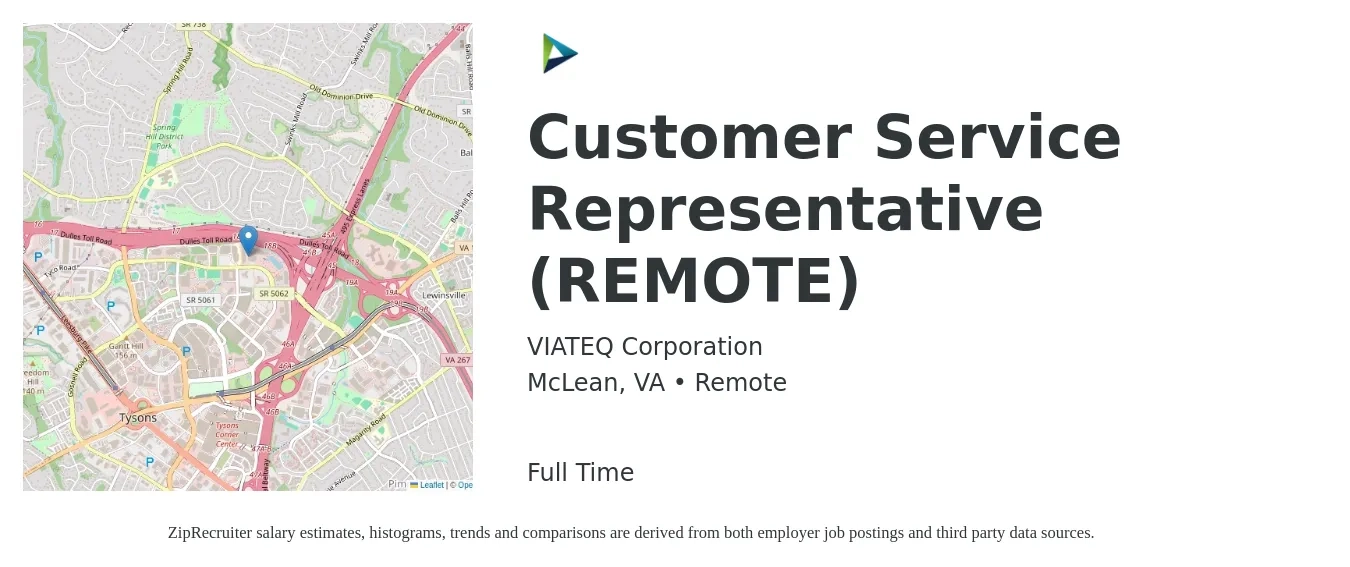 VIATEQ Corporation job posting for a Customer Service Representative (REMOTE) in McLean, VA with a salary of $16 to $22 Hourly with a map of McLean location.