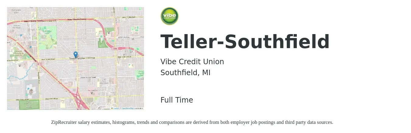 Vibe Credit Union job posting for a Teller-Southfield in Southfield, MI with a salary of $16 to $18 Hourly with a map of Southfield location.