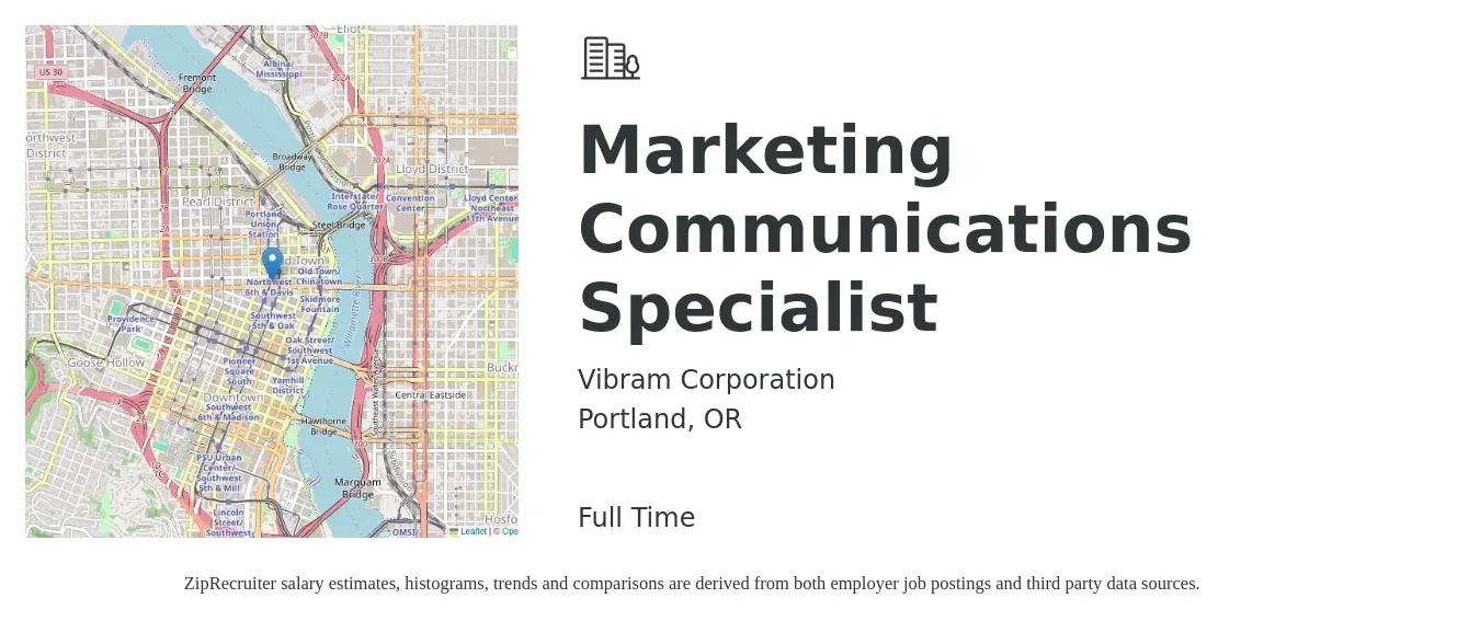 Vibram Corporation job posting for a Marketing Communications Specialist in Portland, OR with a salary of $64,200 to $84,300 Yearly with a map of Portland location.