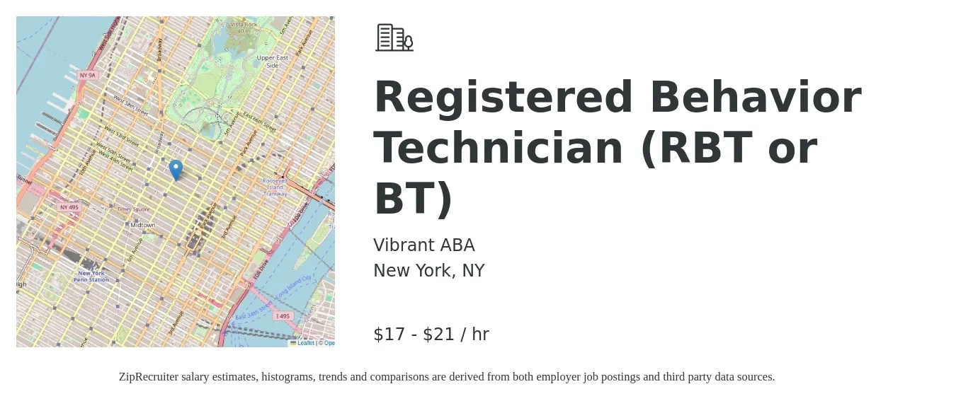 Vibrant ABA job posting for a Registered Behavior Technician (RBT or BT) in New York, NY with a salary of $19 to $22 Hourly with a map of New York location.