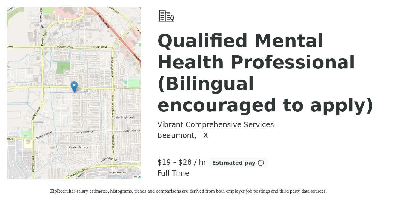 Vibrant Comprehensive Services job posting for a Qualified Mental Health Professional (Bilingual encouraged to apply) in Beaumont, TX with a salary of $20 to $30 Hourly with a map of Beaumont location.