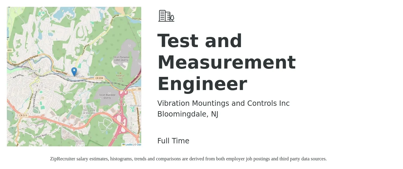 Vibration Mountings and Controls Inc job posting for a Test and Measurement Engineer in Bloomingdale, NJ with a salary of $68,700 to $83,900 Yearly with a map of Bloomingdale location.