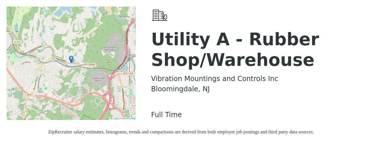Vibration Mountings and Controls Inc job posting for a Utility A - Rubber Shop/Warehouse in Bloomingdale, NJ with a salary of $16 to $24 Hourly with a map of Bloomingdale location.